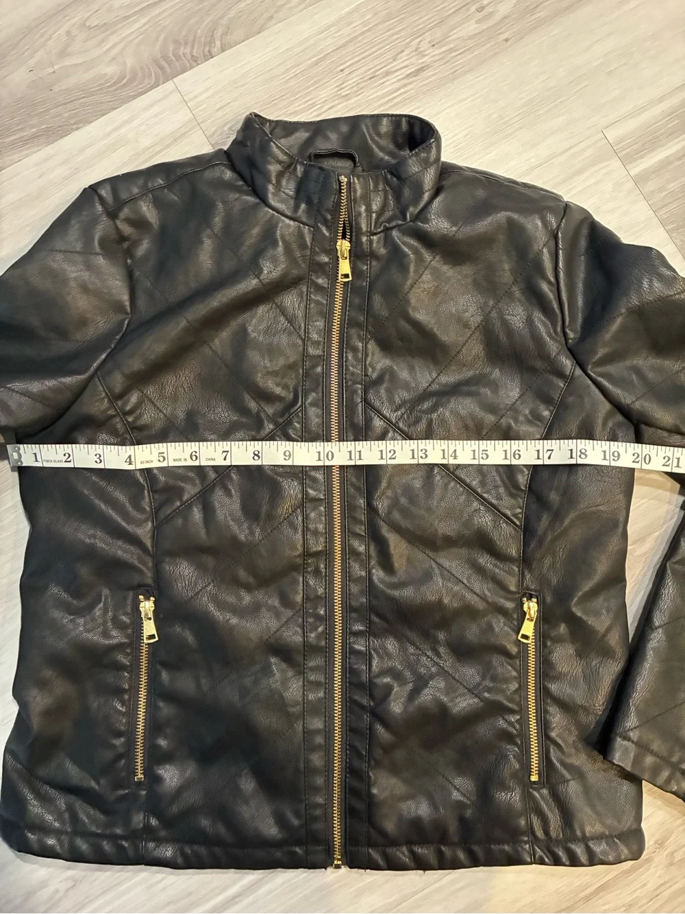 Black Faux‎ Leather Zip Jacket with Gold Hardware